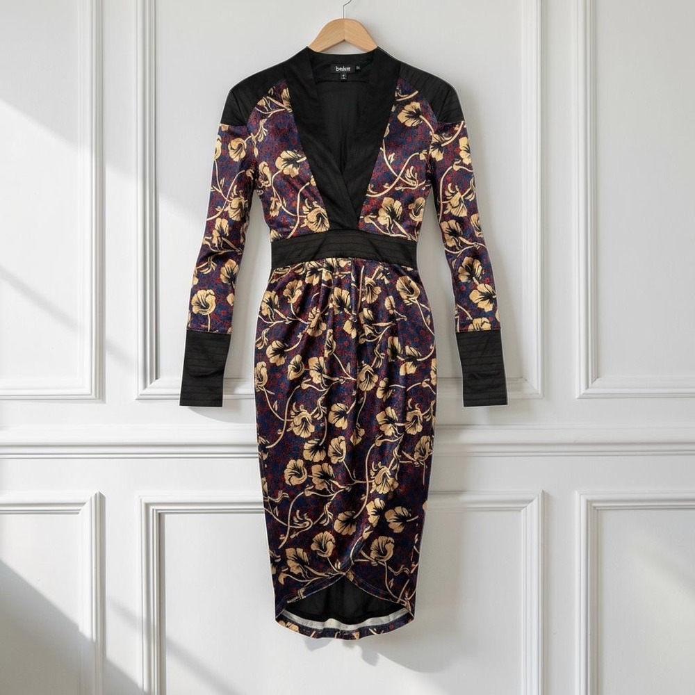 Bebe Velvet Floral Dark Academia Faux Wrap Midi Cocktail Dress Kimono NWT Small